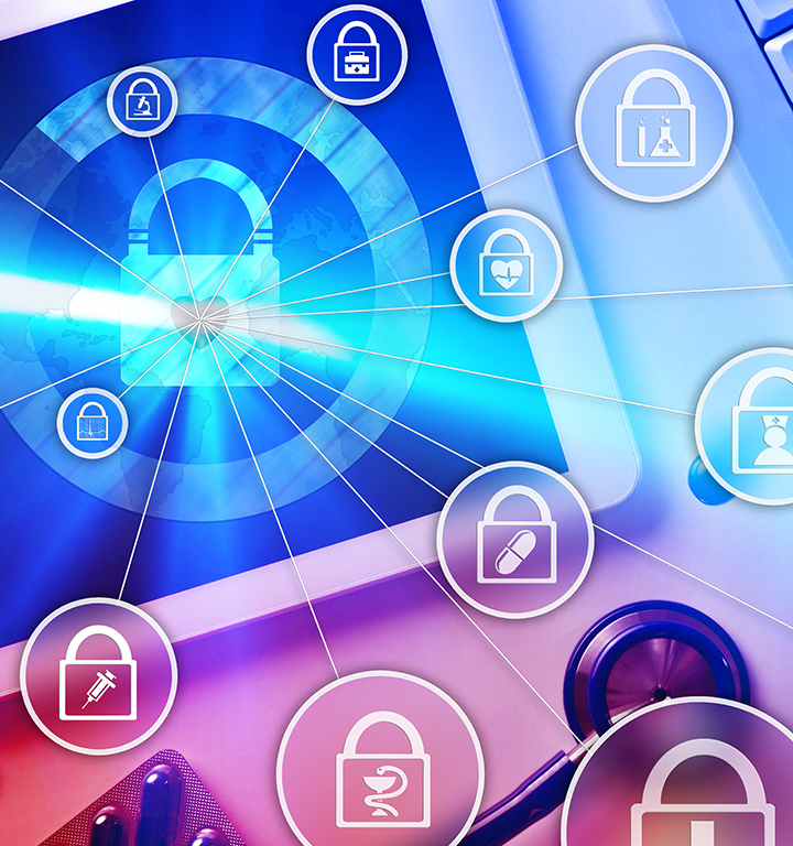 Cyber alert warning with digital symbols representing data risk.