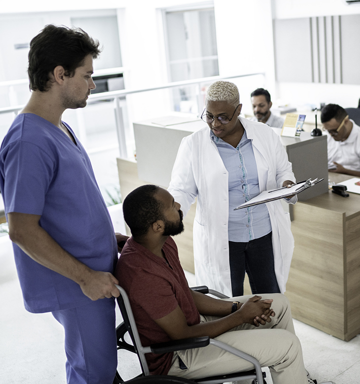 Hospital discharge lounge scene with patients waiting comfortably.