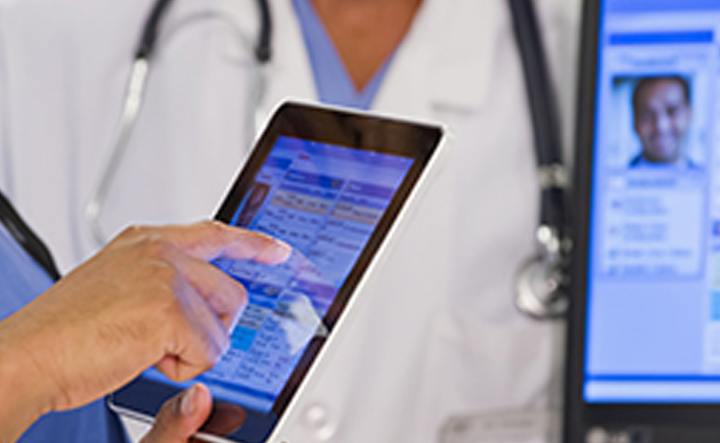 Digital concept of electronic health records with medical icons.