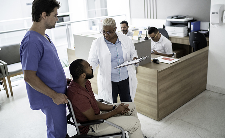 Hospital discharge lounge scene with patients waiting comfortably.